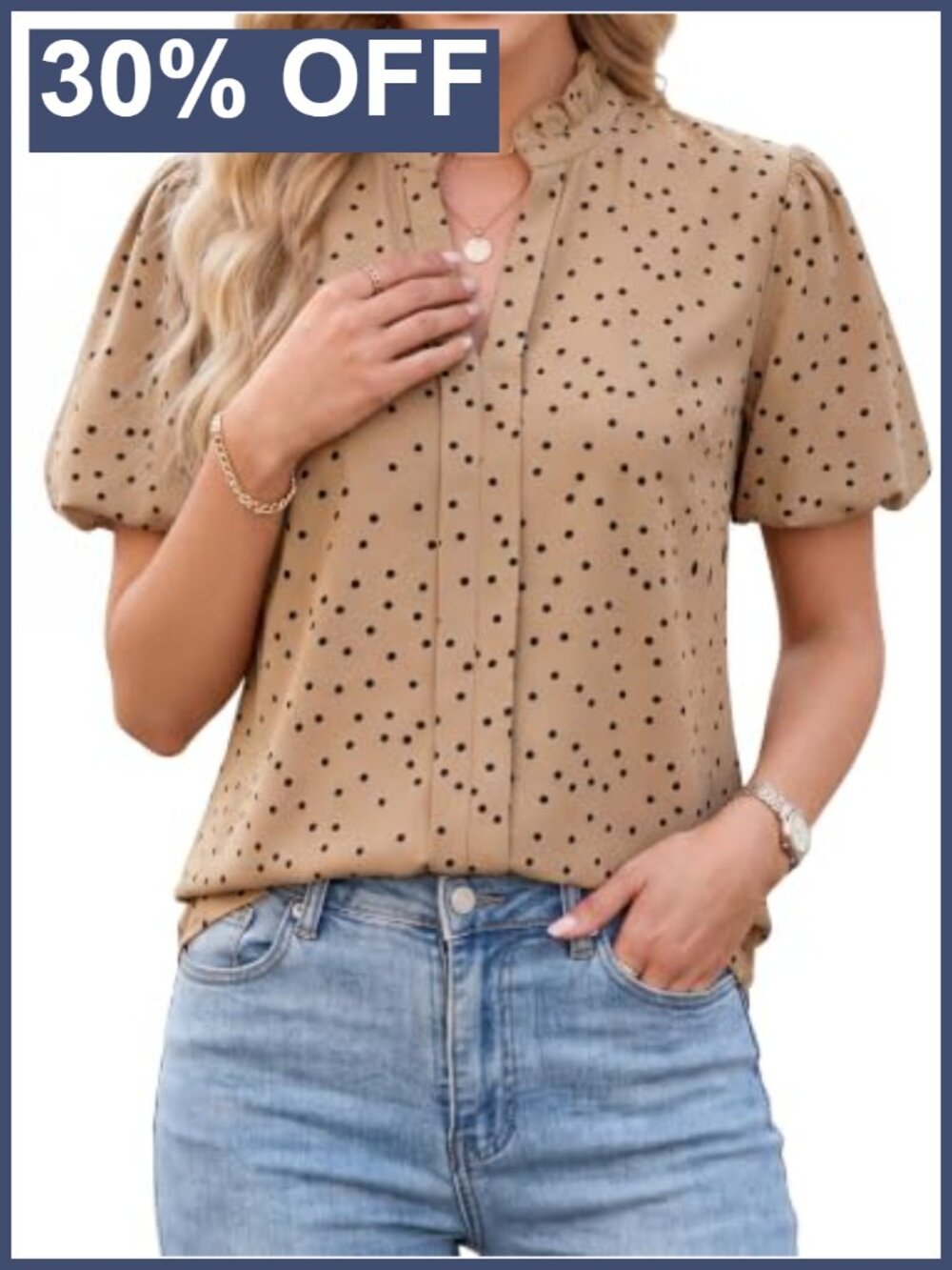 Polka Dot Ruffle Puff Sleeve V-Neck Blouse Business Casual Work Top